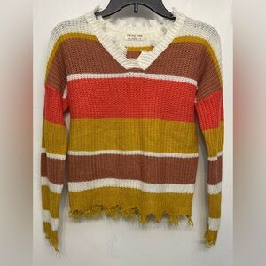 Full Circle Trends Yellow,Orange&White Distressed VNeck Sweater Girls Size L 14